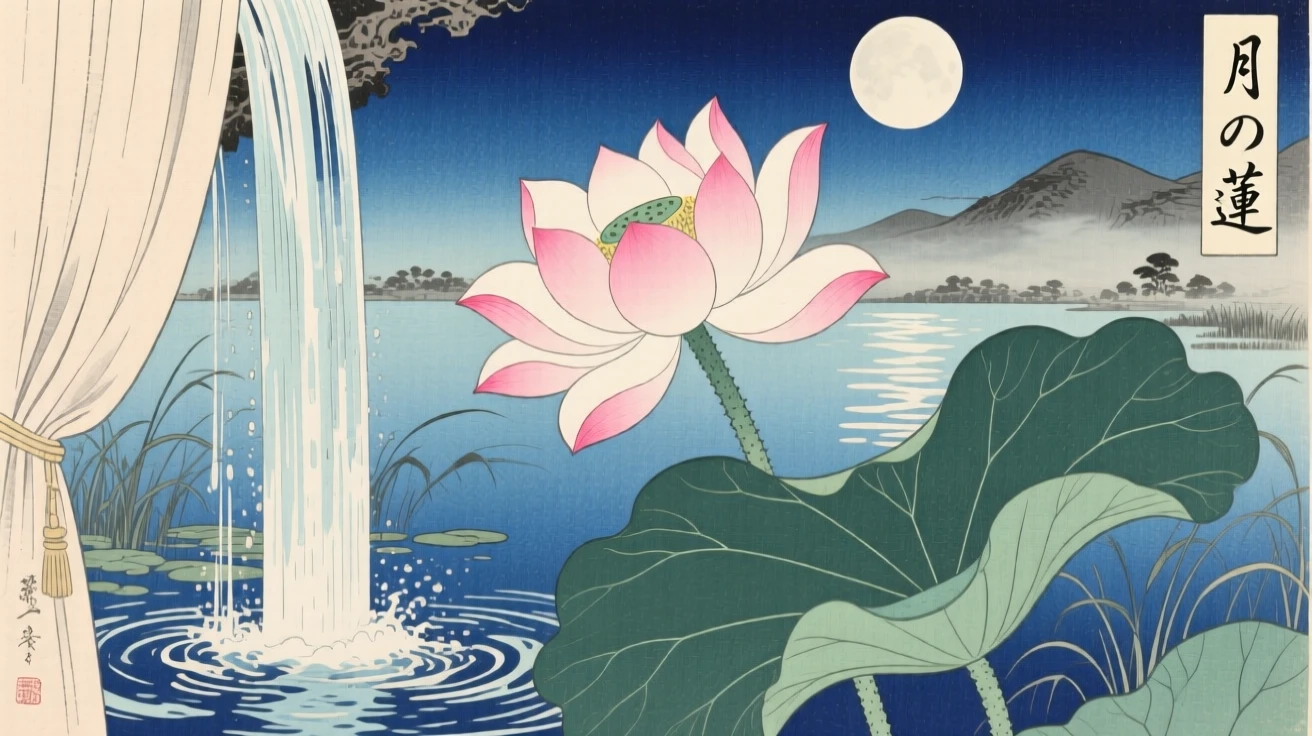A giant lotus flower blooming atop a moonlit lake, tucked behind a curtain of falling water.