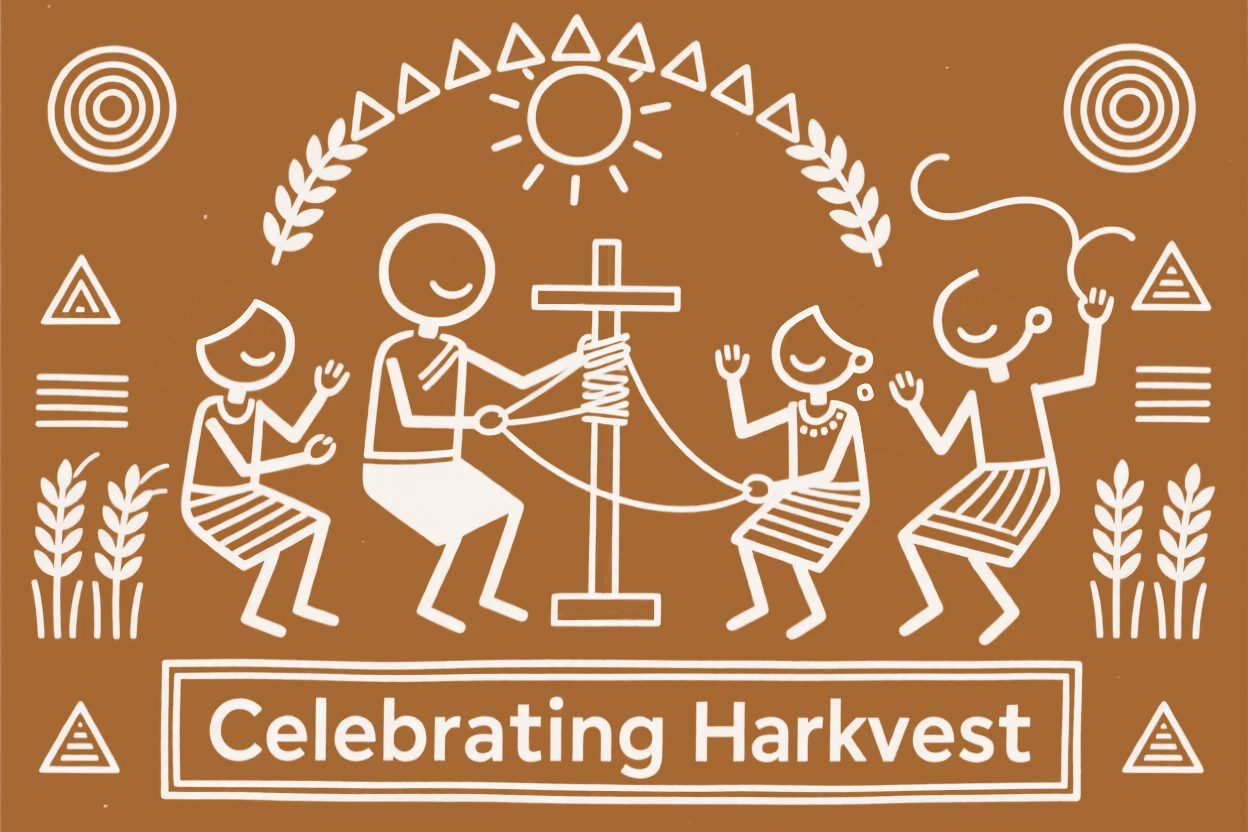 A family celebrating a successful harvest spinning thread on a simple wooden spindle.
