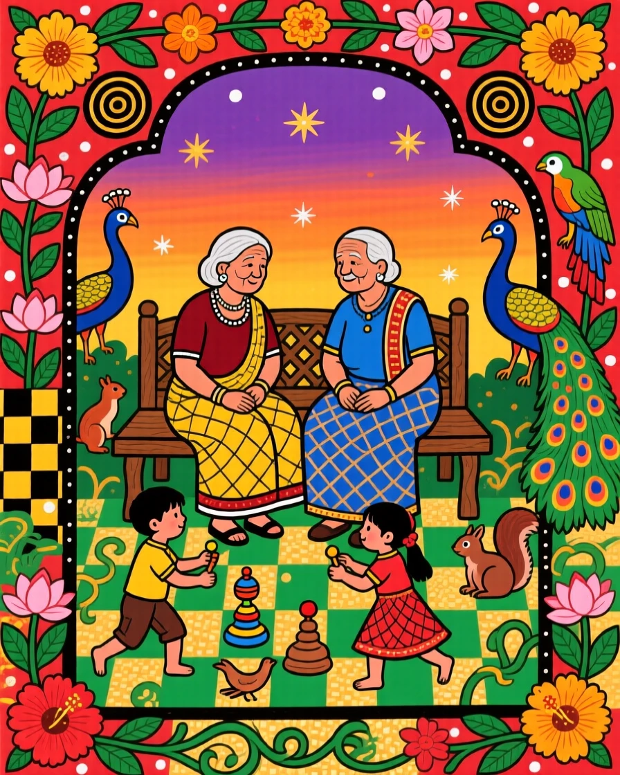 Grandparents watching their grandchildren play in a garden at dusk.