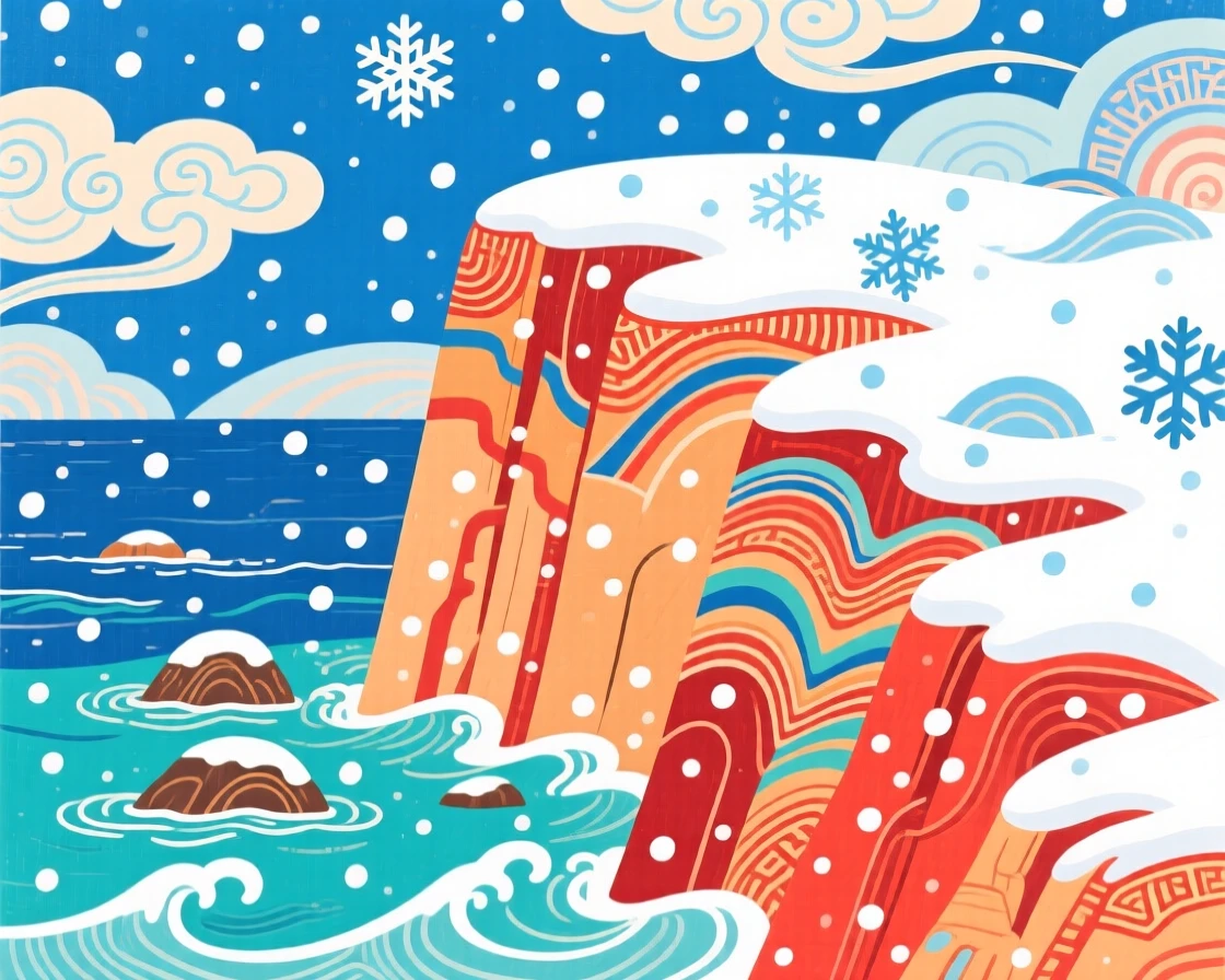 A coastal cliff, during a soft and steady snowfall.