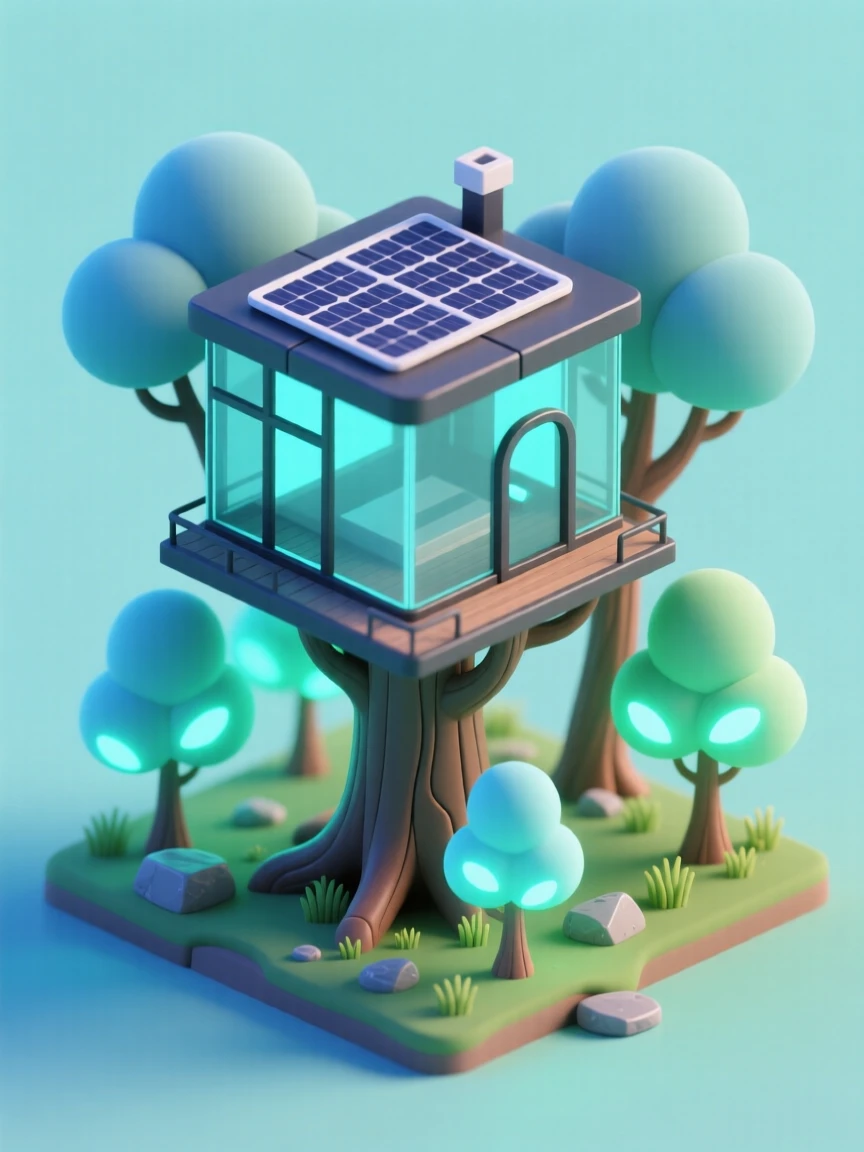 A futuristic treehouse built with sleek glass and solar panels nestled among bioengineered glowing trees.