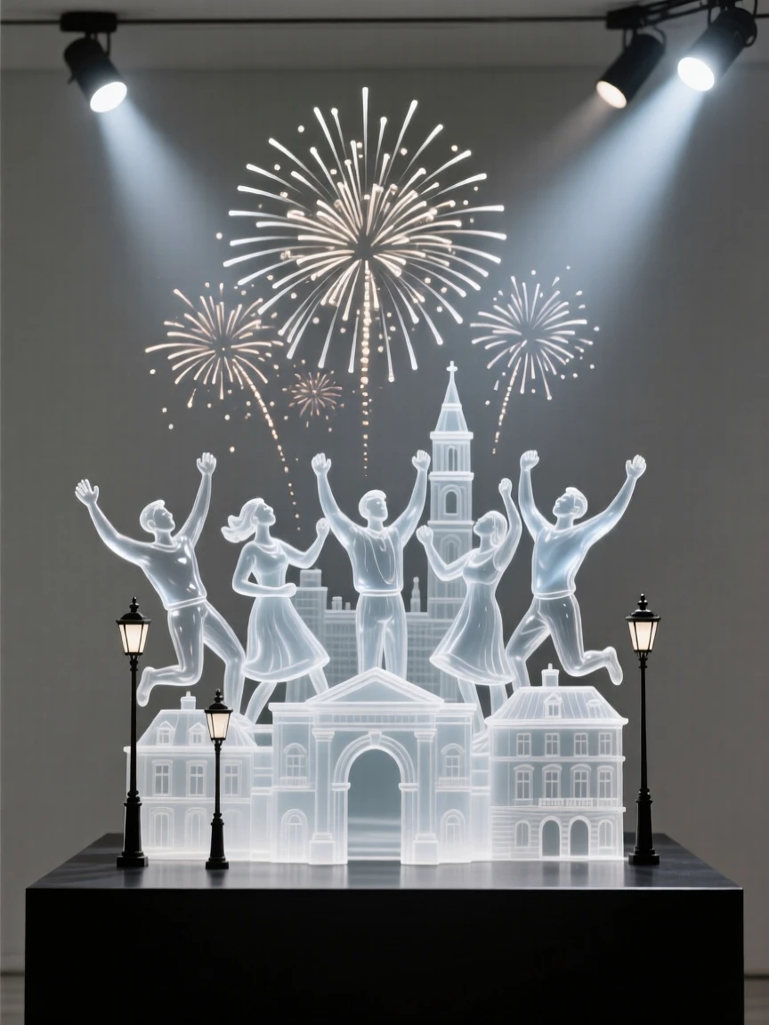A group celebrating with fireworks over a historic city, with the whole street alive in color and motion