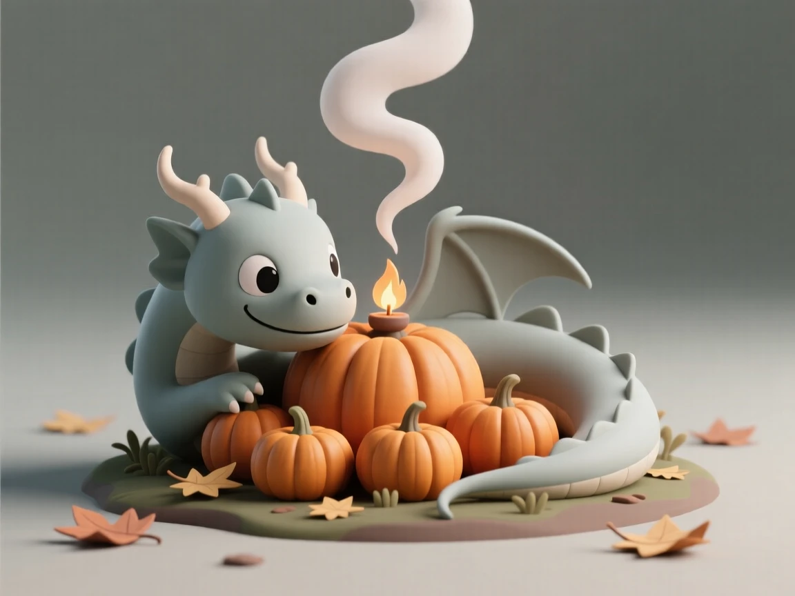 A friendly garden dragon curls protectively around a patch of prize-winning pumpkins each autumn, smoke curling gently upward.