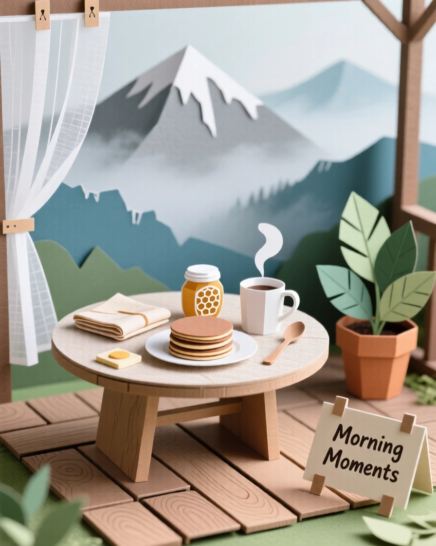 A rustic breakfast spread on a garden patio set against a backdrop of misty mountains, with sheer curtains fluttering in the breeze, capturing quiet contentment.