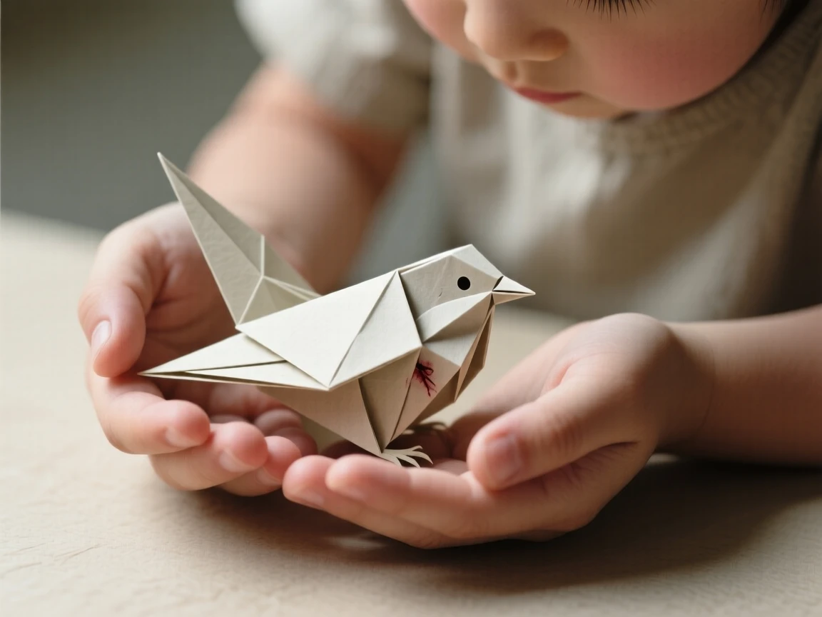 A child comforting an injured bird cupped gently in their hands.