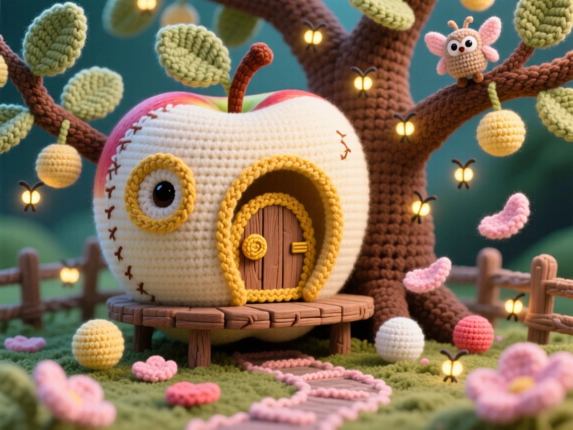 An imaginative scene of a small treehouse built inside a giant apple with a tiny round door, nestled among orchard branches surrounded by softly glowing fireflies; a trail of soft floating petals nearby, full of cozy, whimsical enchantment.