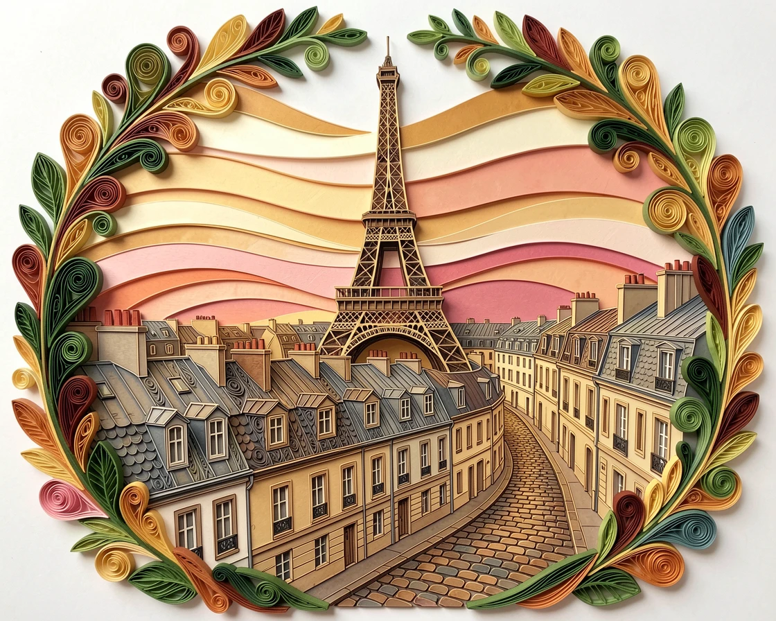 A breathtaking view of the Eiffel Tower rising above a sea of Parisian rooftops beside a quiet cobblestone street, in warm golden and rose-colored sunset tones, framed within a natural archway of foliage.