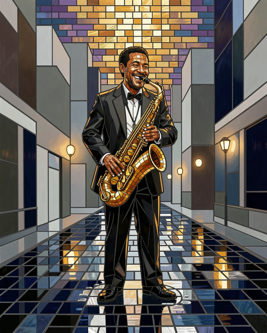 A candid, joyful moment of a jazz musician playing saxophone on a rain-slicked city street, captured with warm golden light.