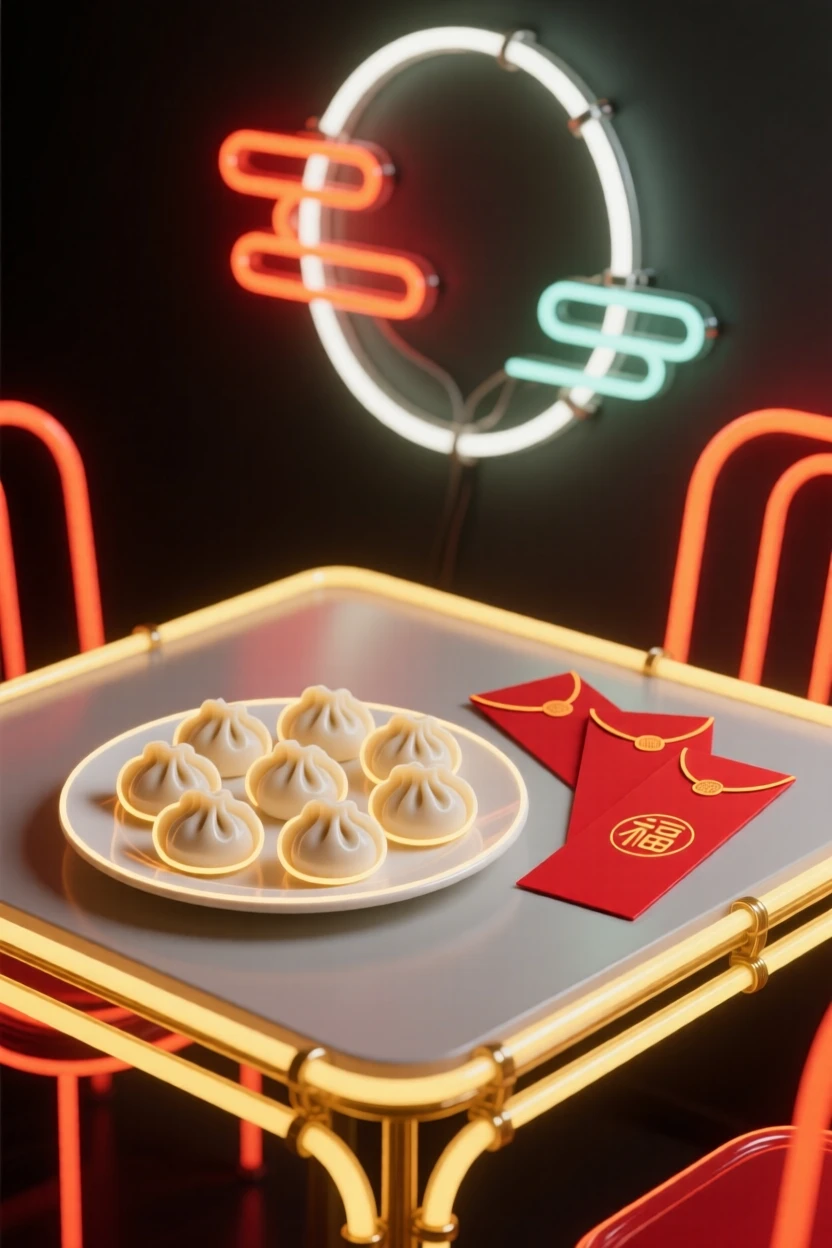 A Lunar New Year table set with dumplings and red envelopes.