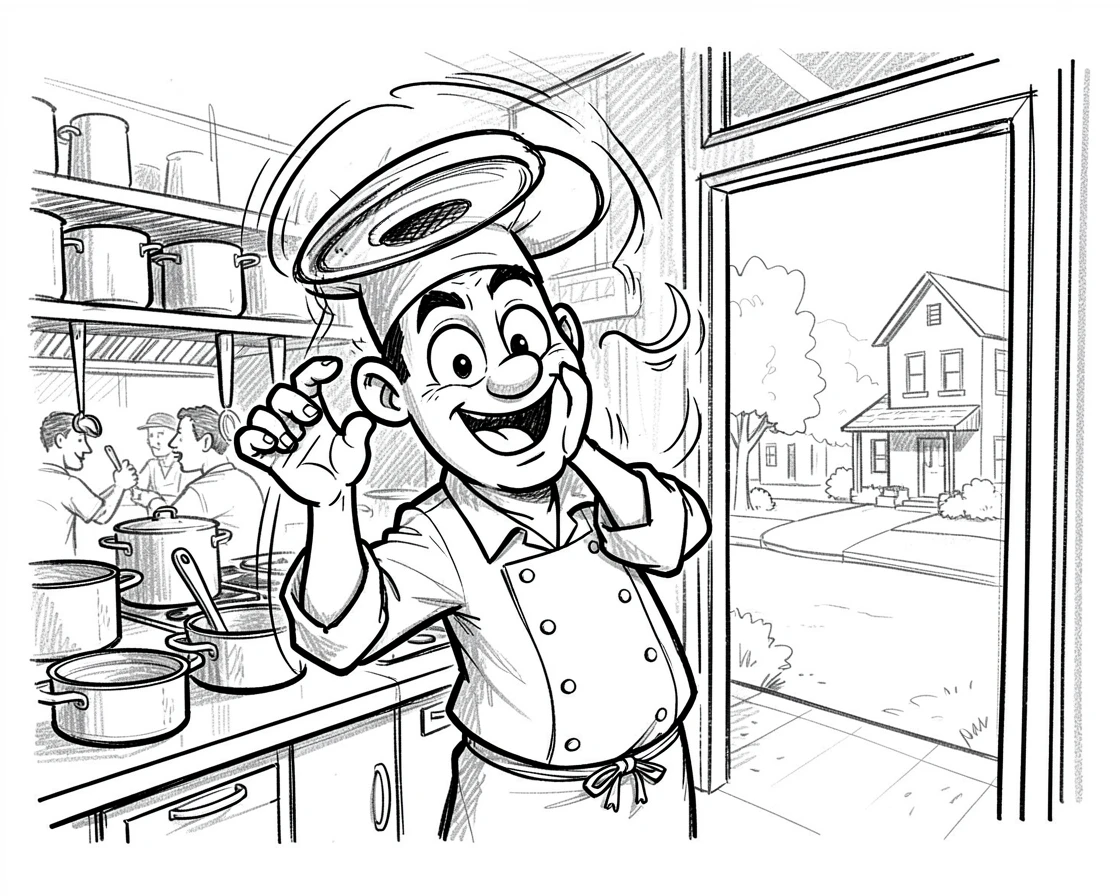 A chef flipping a pancake mid-air in a busy kitchen along a quiet residential street.