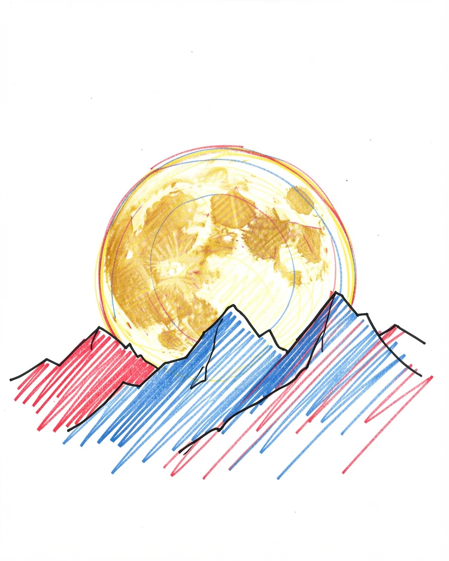 A full moon rising huge and golden over a silhouetted mountain range