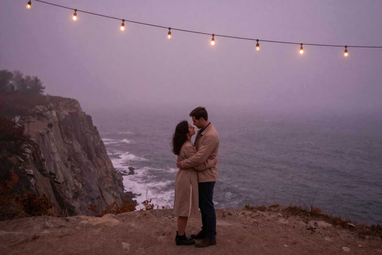 A couple embracing on a windswept cliff overlooking the ocean, under strings of warm string lights, in thick rolling fog, in late autumn, in dusty lavender and rose tones, from a slightly elevated vantage point.