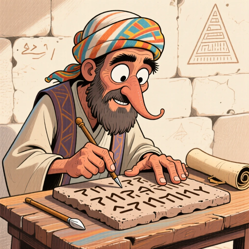 An ancient Mesopotamian scribe carefully carving symbols into a clay tablet.