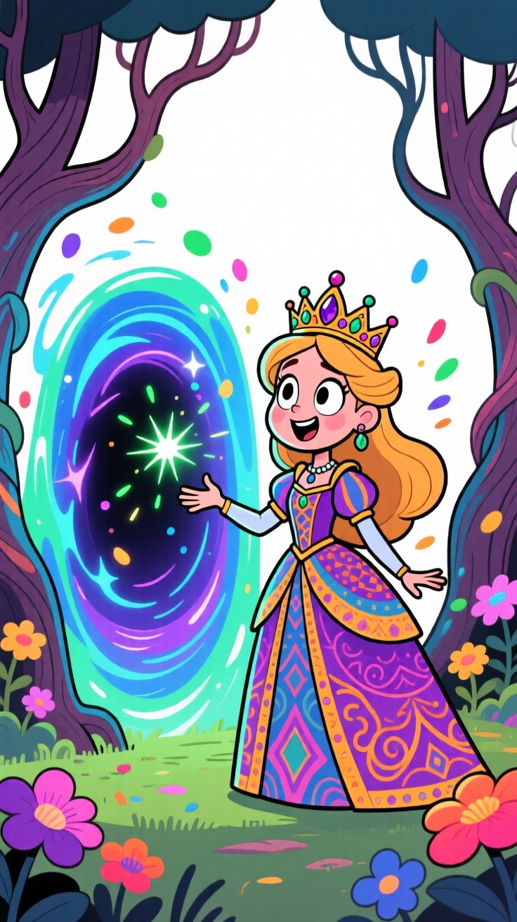An imaginative fantasy scene of a clever princess discovering a portal shimmering with otherworldly light, as sparks of magic swirl through the air.