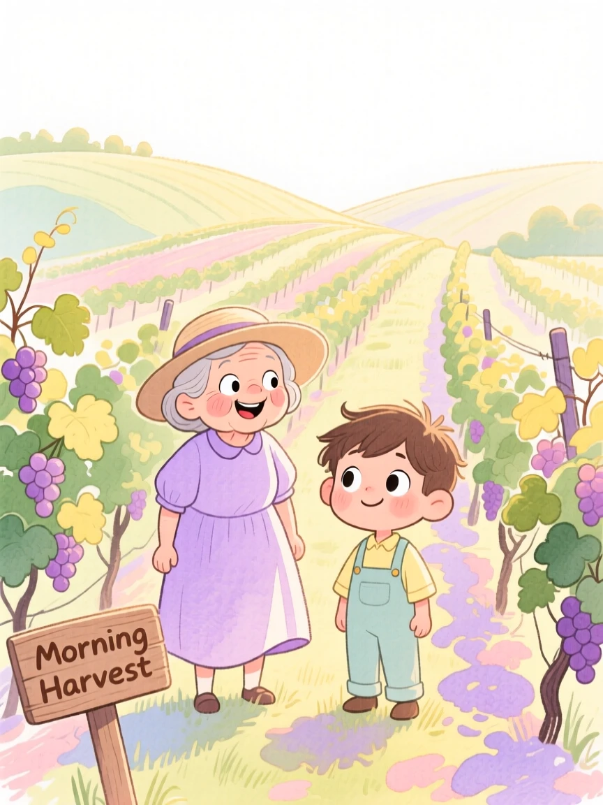 A serene landscape of a rolling vineyard bathed in warm light in soft morning light