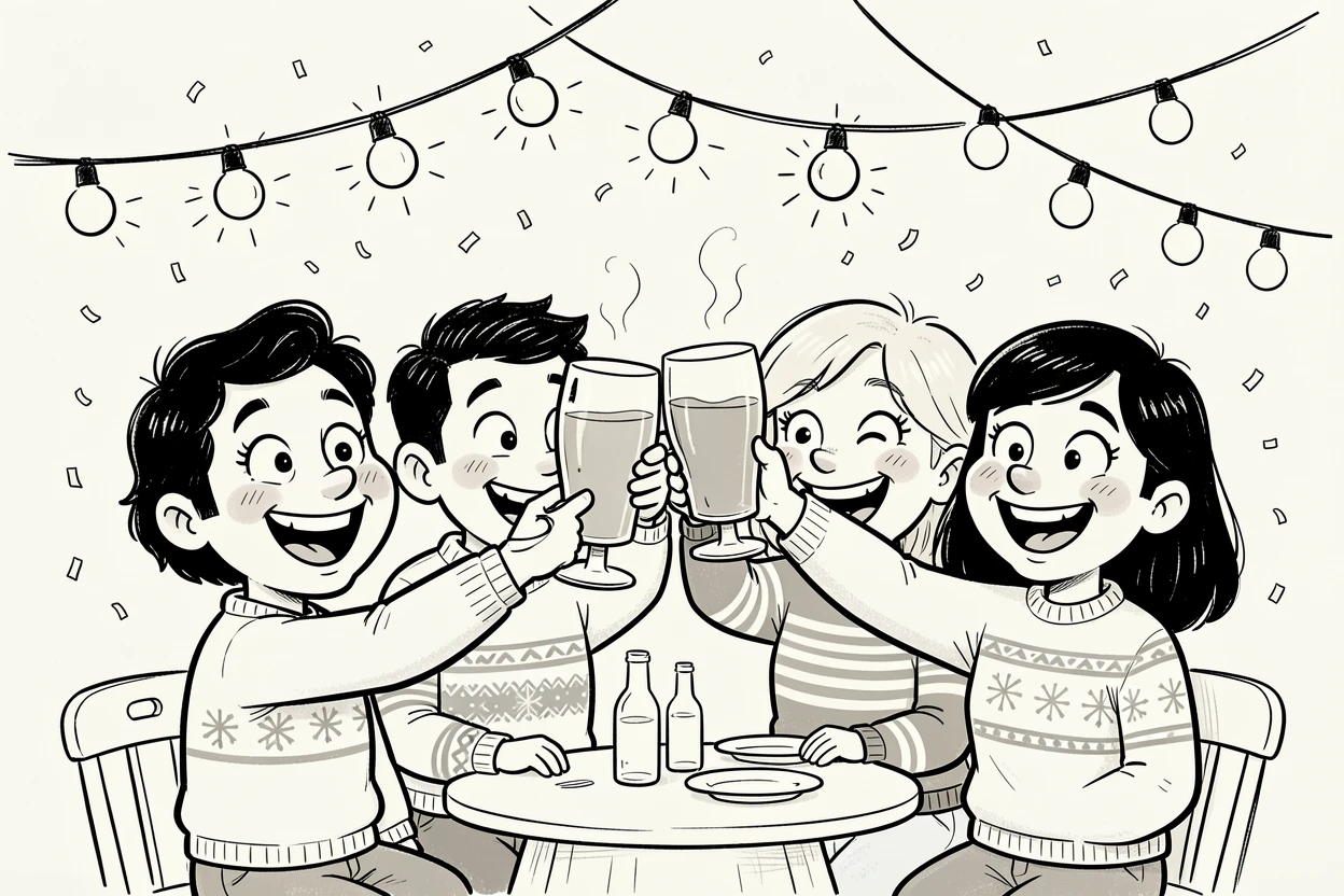 [Seasonal Holidays & Celebrations] Festive scene of a cozy group of friends toasting under a canopy of string lights, full of celebration and joy