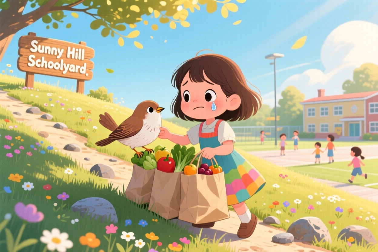 In a sunny schoolyard, a girl and an injured bird bond over helping carry groceries up a steep hill, with tears turning quickly into laughter.