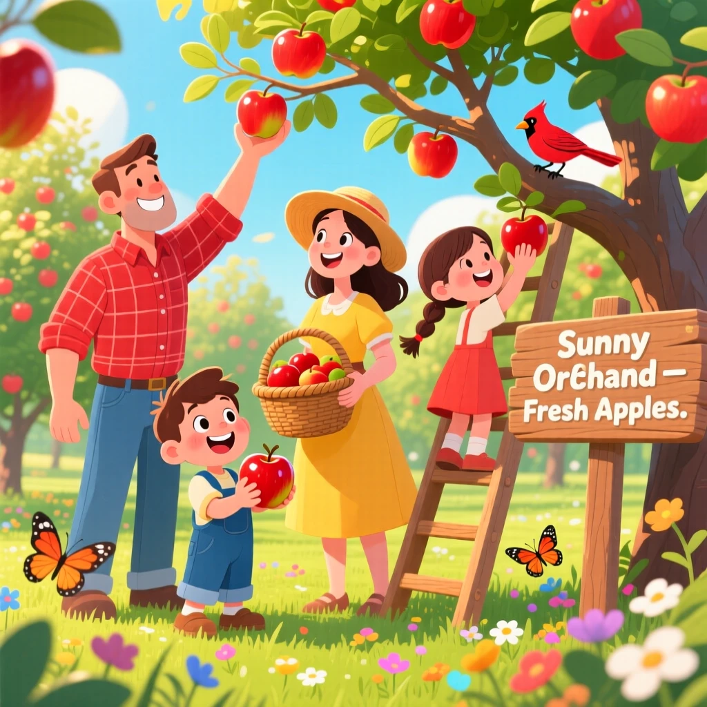 A family picking apples together in a sunlit orchard.