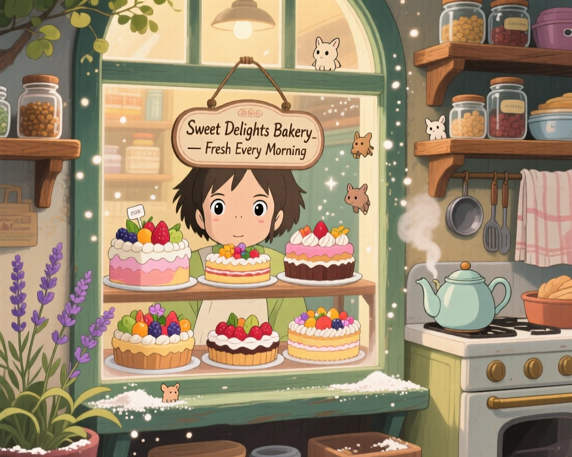 A warm, inviting scene of a small bakery window display of colorful cakes and tarts, surrounded by the comforting clutter of a well-loved kitchen.