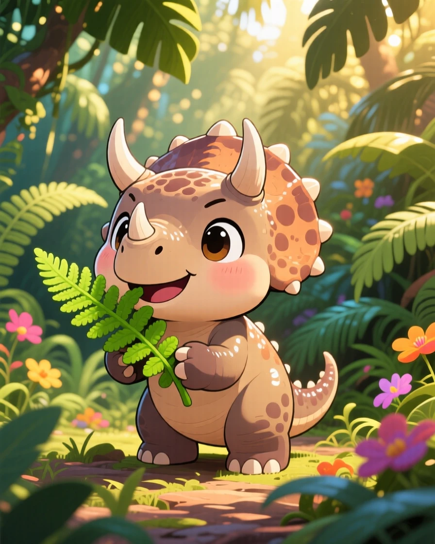 In a lush prehistoric jungle, a baby triceratops is munching on a fern leaf happily on a warm tropical afternoon, bathed in dappled sunlight through a canopy, expression full of proud determination. Shot as an over-the-shoulder view.