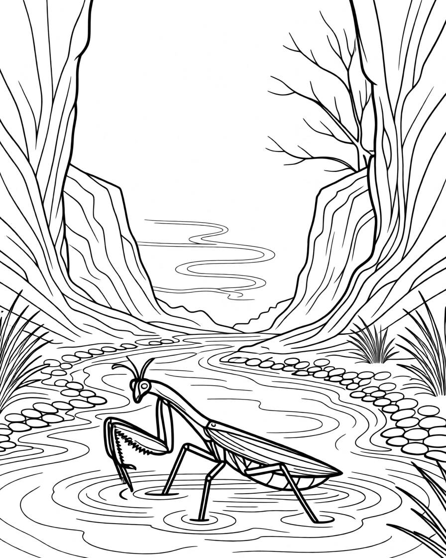 A praying mantis wading through a misty river, framed by jagged rock formations.