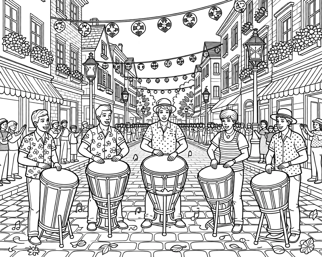 A steel drum band performing on a colorful street.
