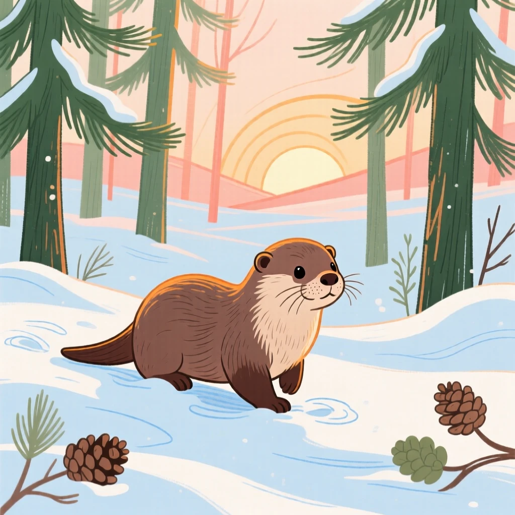 A baby otter wandering in a snowy pine forest at sunrise.