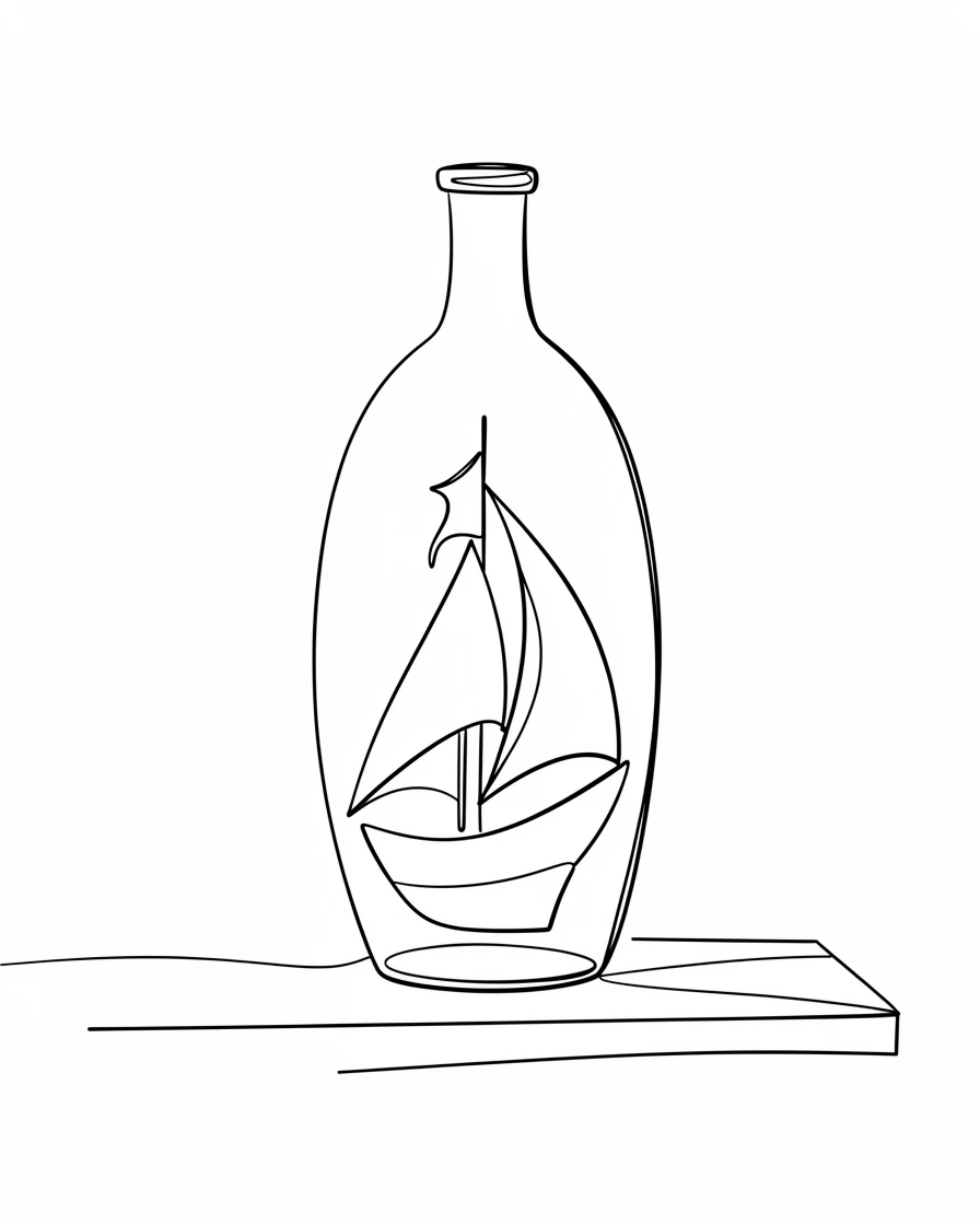 A model ship in a glass bottle resting on a wooden desk