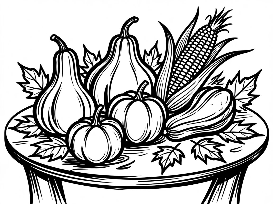 An autumn harvest table decorated with gourds, corn, and fallen leaves.