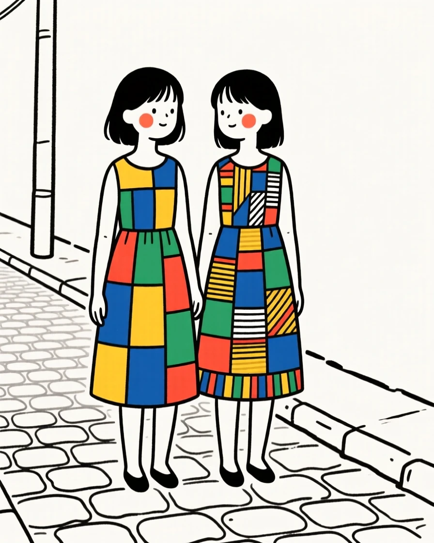 Twin sisters wearing a colorful Ankara dress, on a quiet cobblestone street.