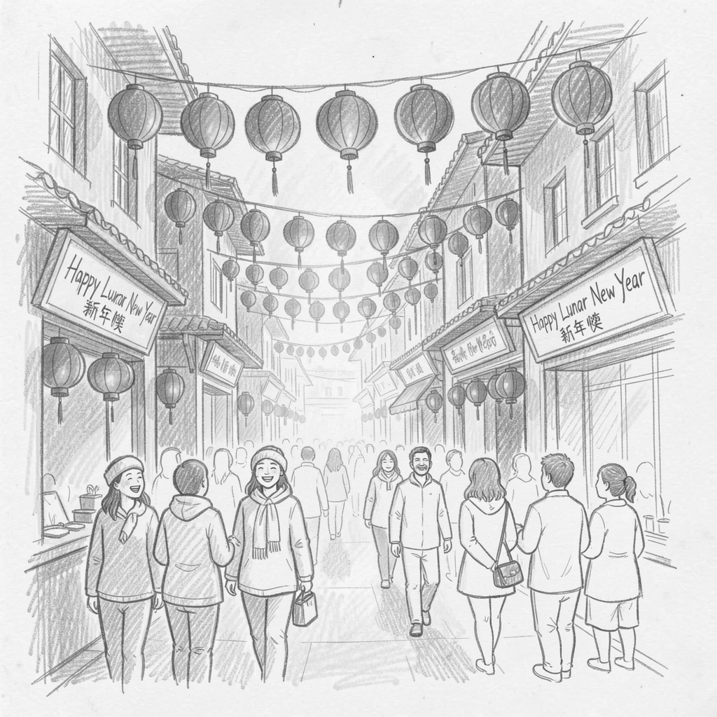 A joyful holiday moment: a Lunar New Year street festival with red lanterns along a festively decorated street, with warm golden light everywhere.
