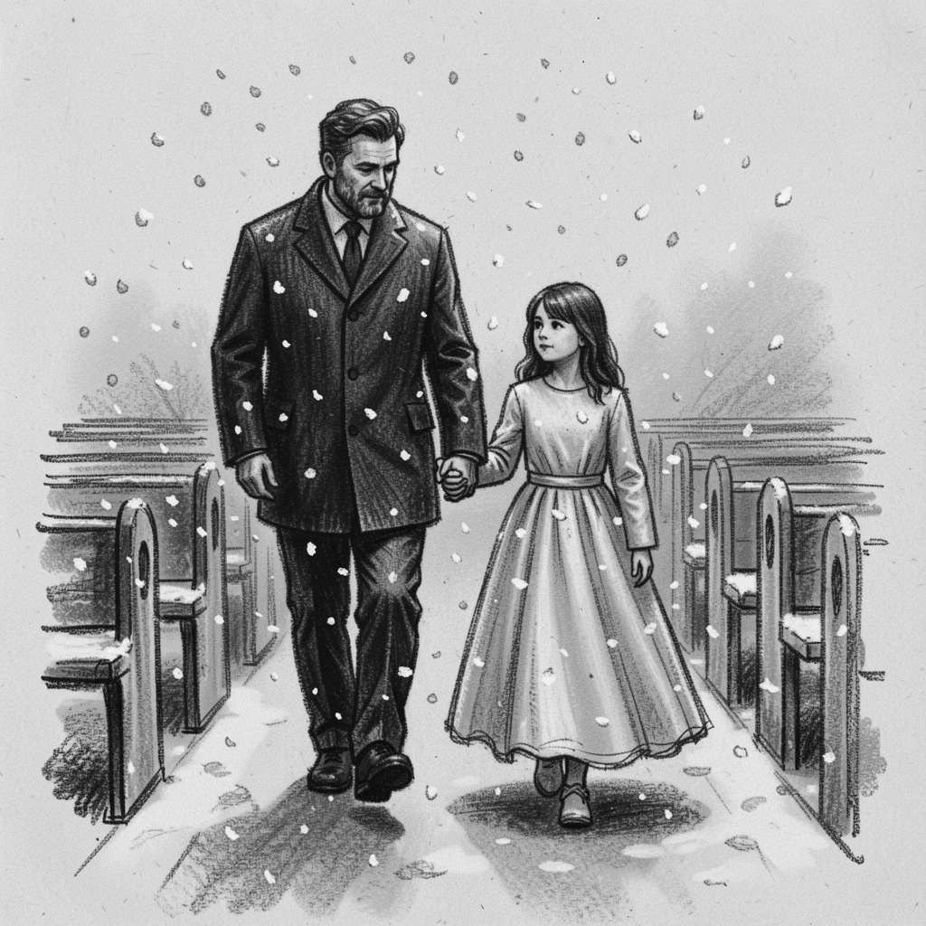 A father walking his daughter down the aisle, under a soft blanket of falling snow.
