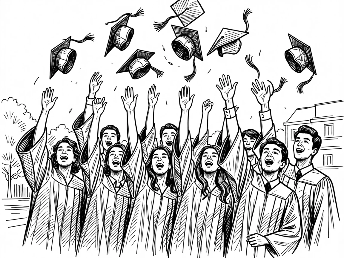 A festive graduation celebration with caps thrown joyfully into the air.