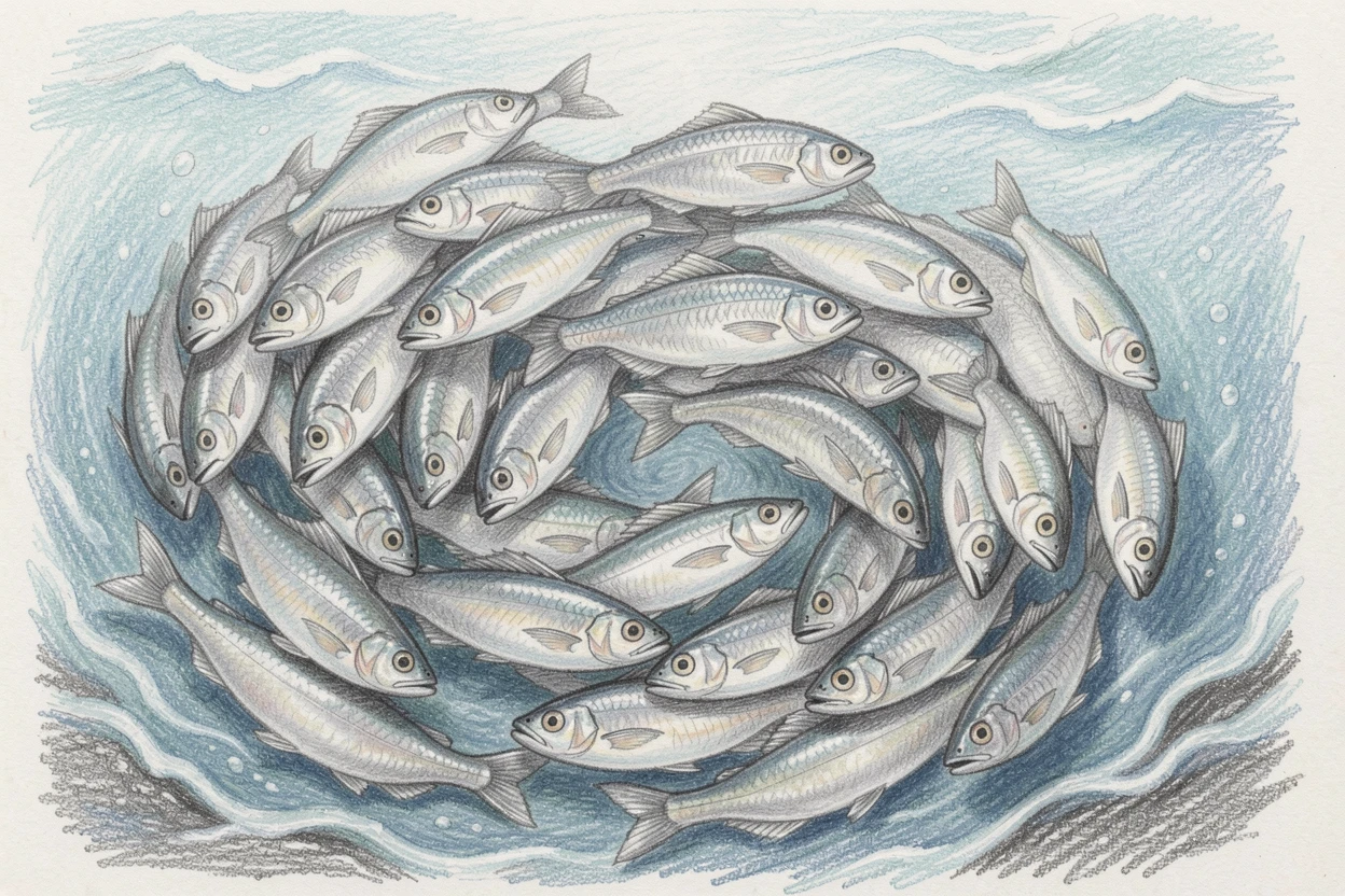 A school of silver fish swirling in unison beneath the waves, framed thoughtfully to draw the eye toward the central subject, celebrating a moment people would love to revisit.