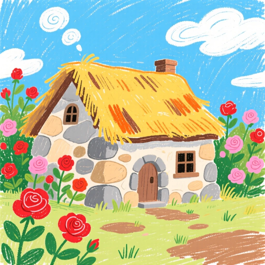 A stone cottage with a thatched roof nestled among rose bushes.