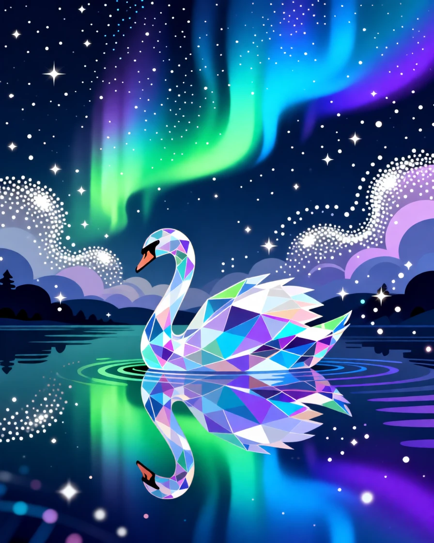 A crystal swan gliding across a lake reflecting the northern lights, surrounded by swirling clouds of shimmering stardust, composed with a dreamlike, ethereal atmosphere, with subtle magical particles drifting through the air.