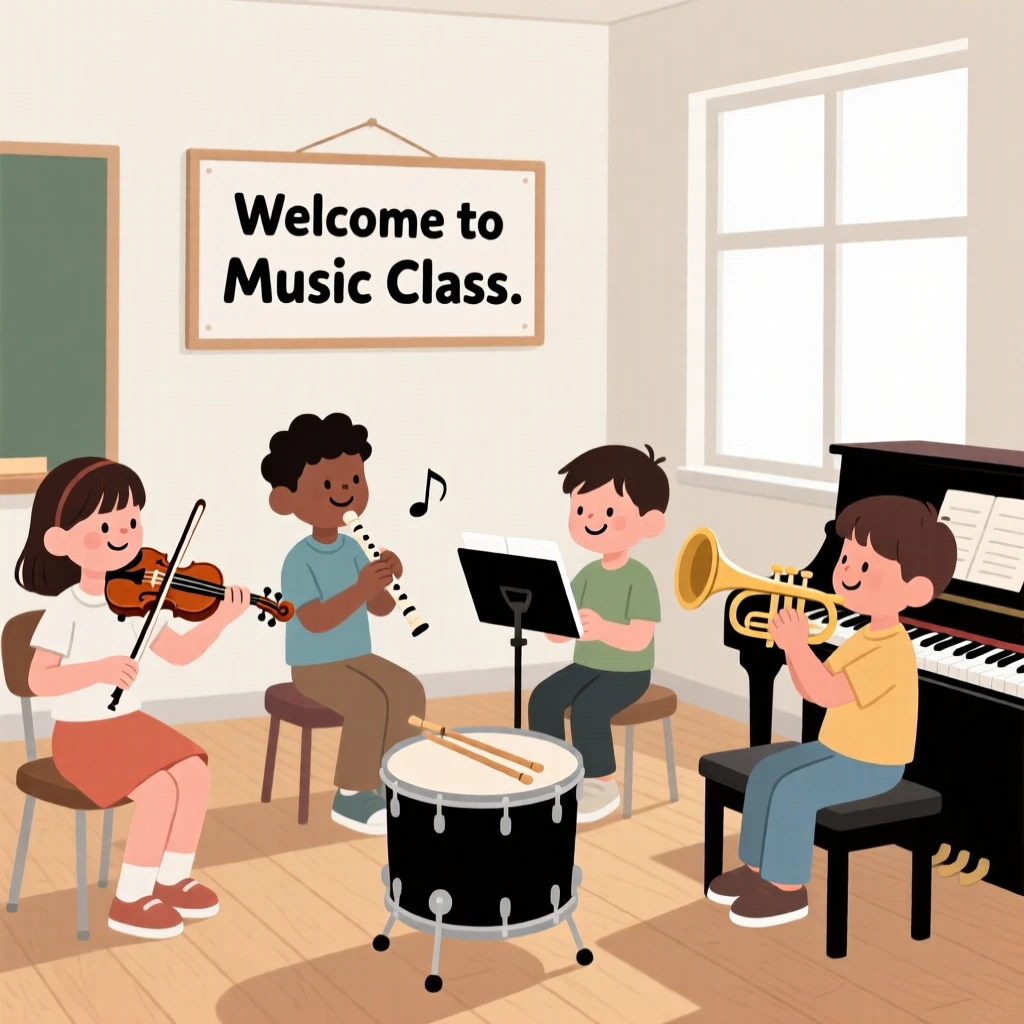 A group of children learning to play instruments in a school music room.