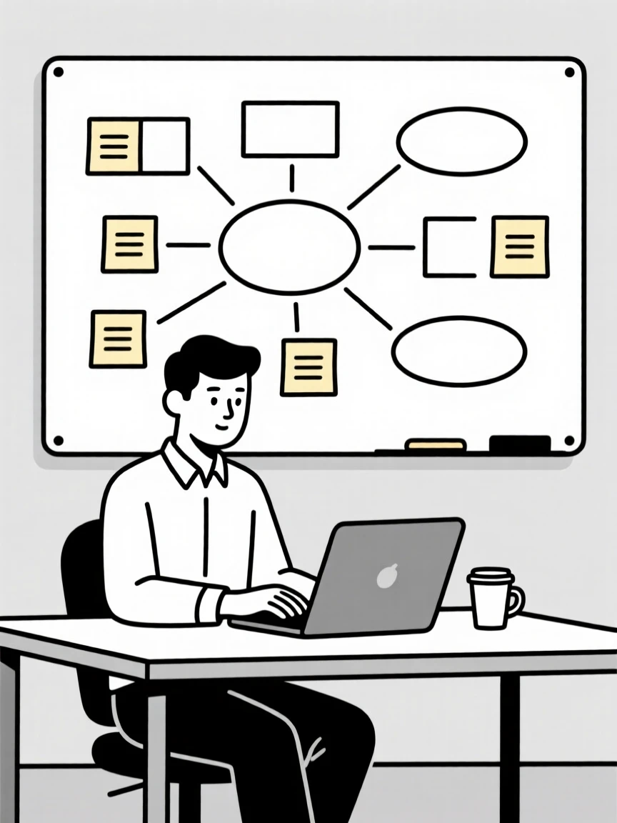 A focused entrepreneur at a startup desk working at a busy newsroom, surrounded by a whiteboard full of ideas, expressing quiet dedication.