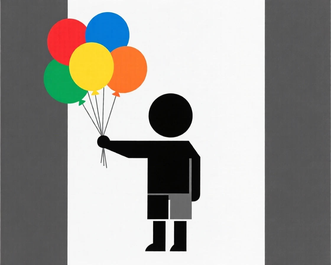 A child holding a handful of colorful balloons