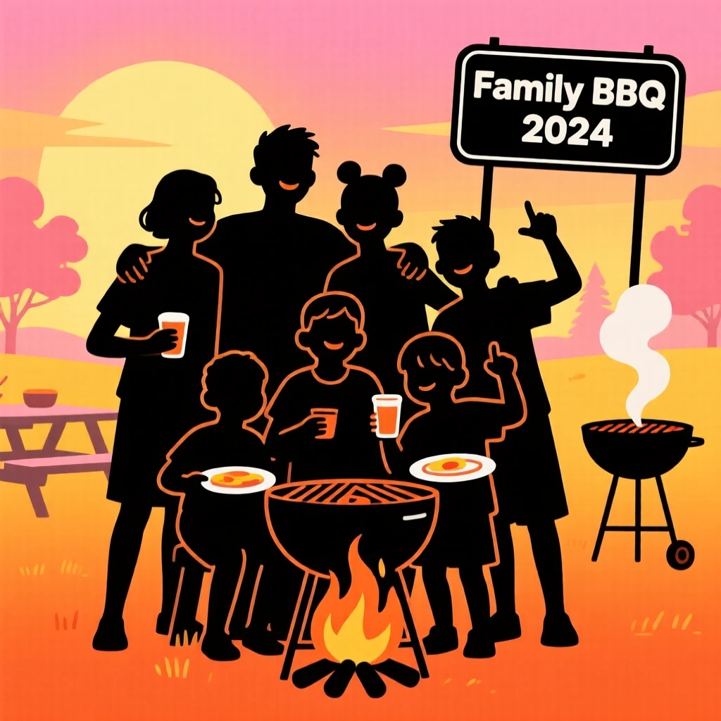 A group of cousins piled together for a photo at a family barbecue.