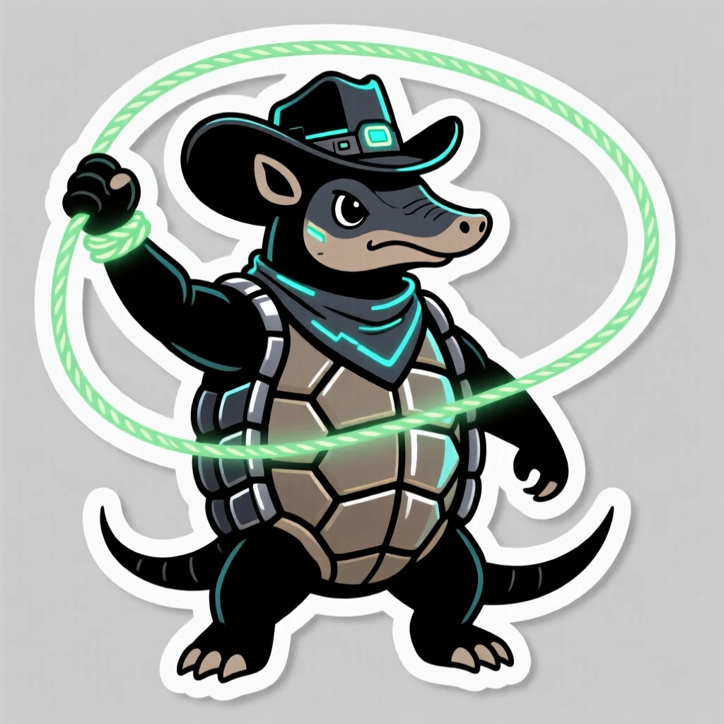 A charmingly futuristic cowboy-style armadillo twirling a lasso, striking a confident heroic pose, during an exciting made-up adventure.