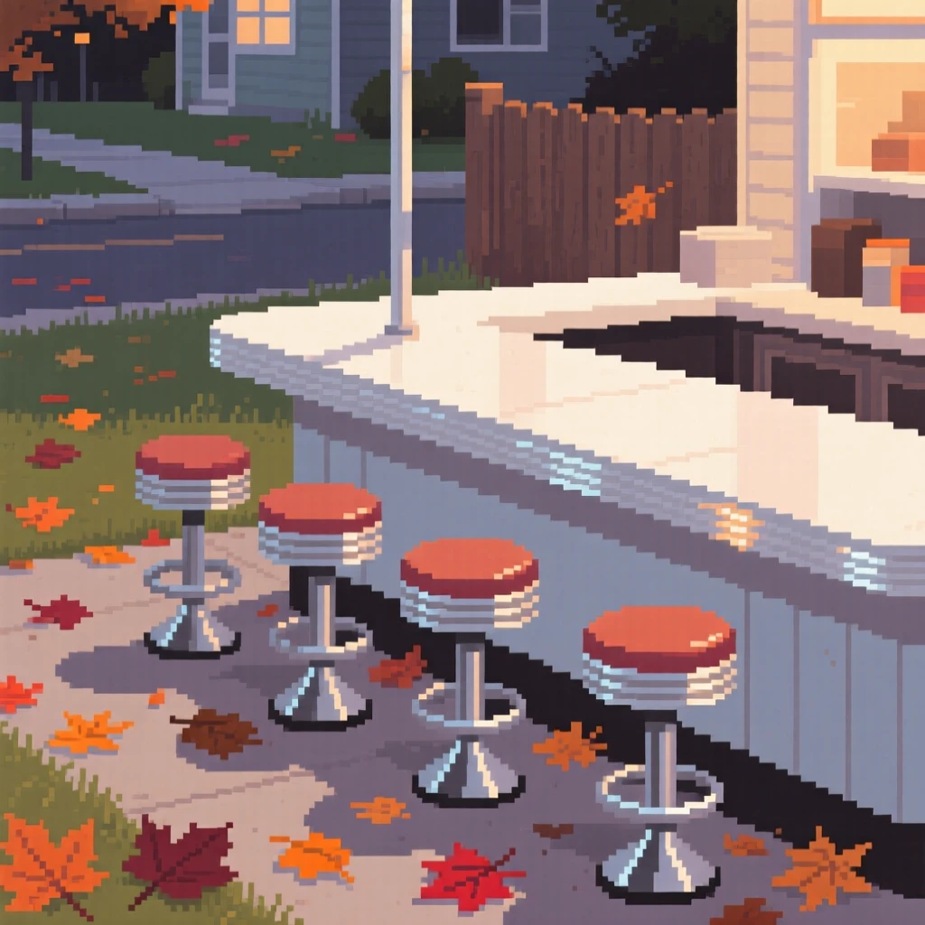A diner counter with spinning stools surrounded by fallen leaves on a quiet street, in a backyard set up for a summer evening.