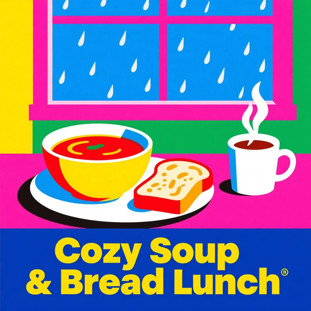 Cozy soup and bread lunch on a rainy day