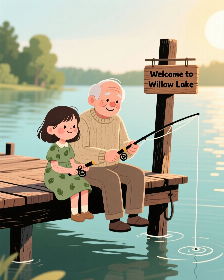A grandparent shows a curious granddaughter how to fish from an old wooden dock in the lakeside dock, both taking their time as the afternoon sun warms their shoulders.