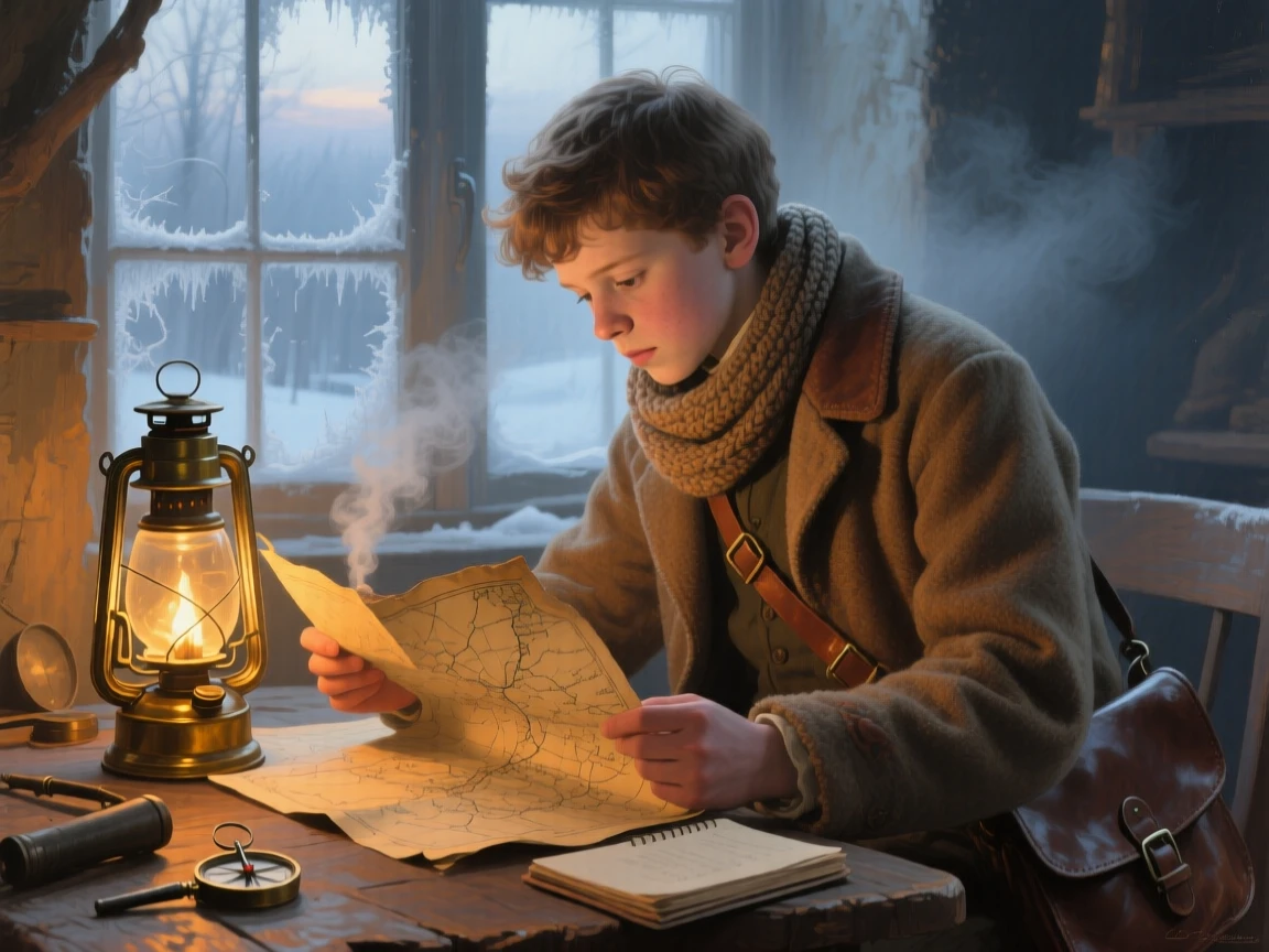 An intimate close-up of a young explorer studying a worn map by lantern light, in the quiet stillness of midwinter, at dawn.