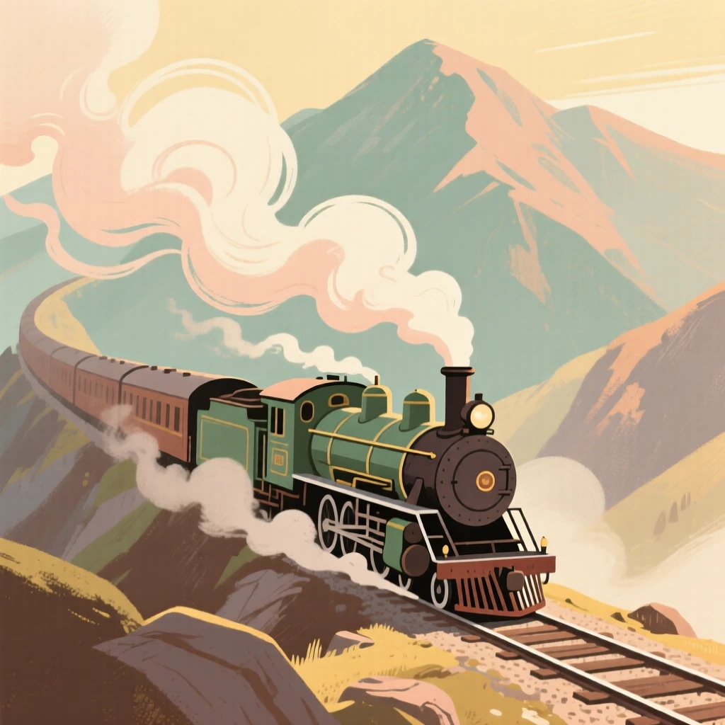A steam locomotive billowing smoke as it climbs a mountain pass
