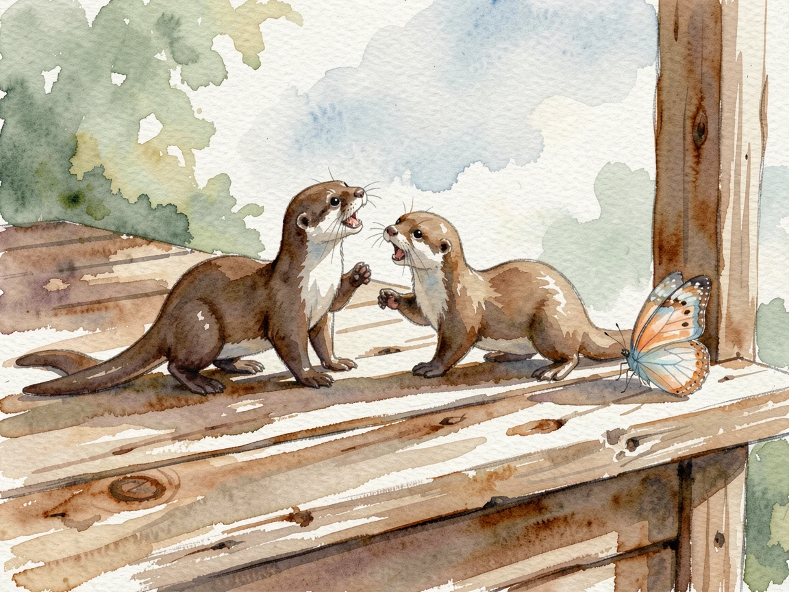 A pair of playful otters on a wooden porch with a butterfly resting nearby.