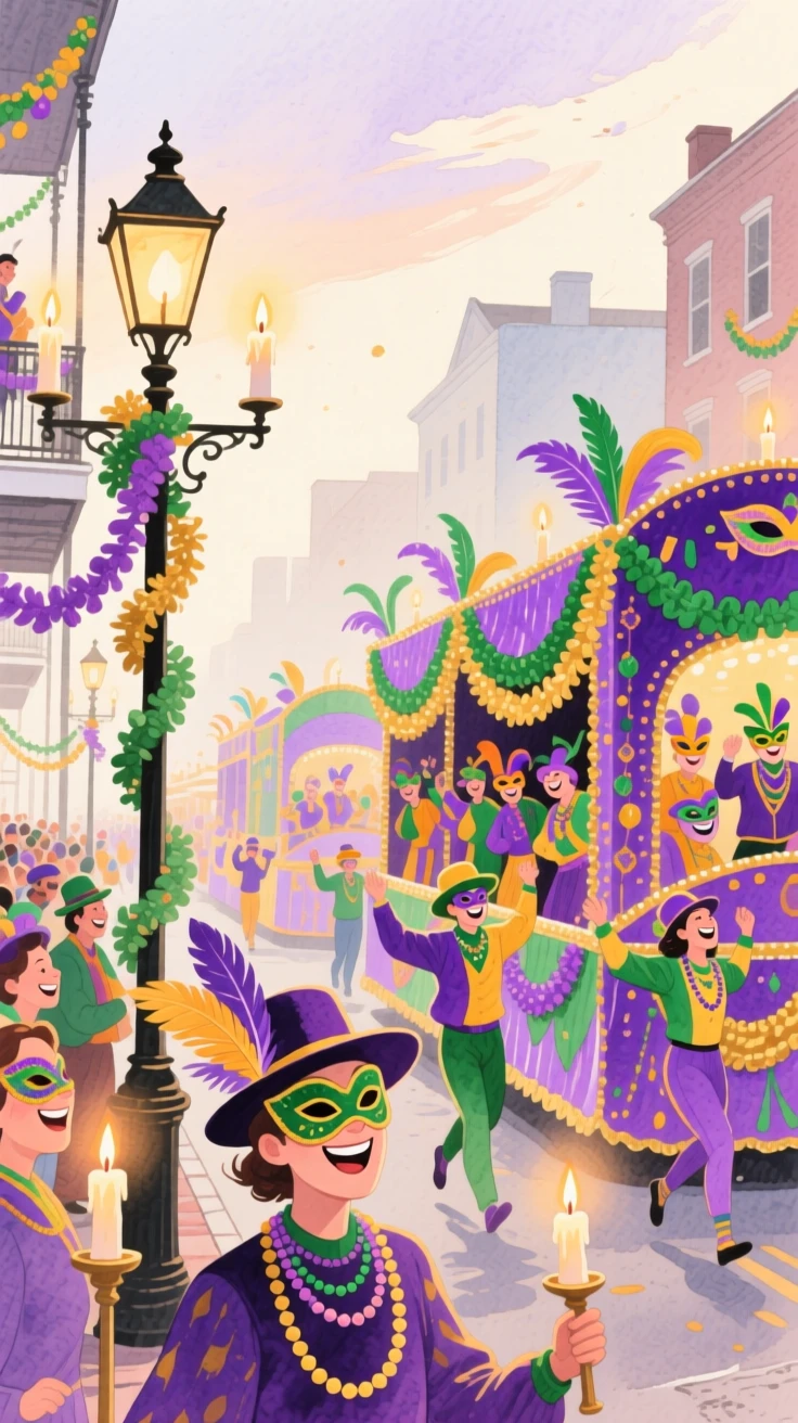 A joyful scene of a Mardi Gras street parade, with garlands and candles adorning every corner, capturing the warmth of the celebration