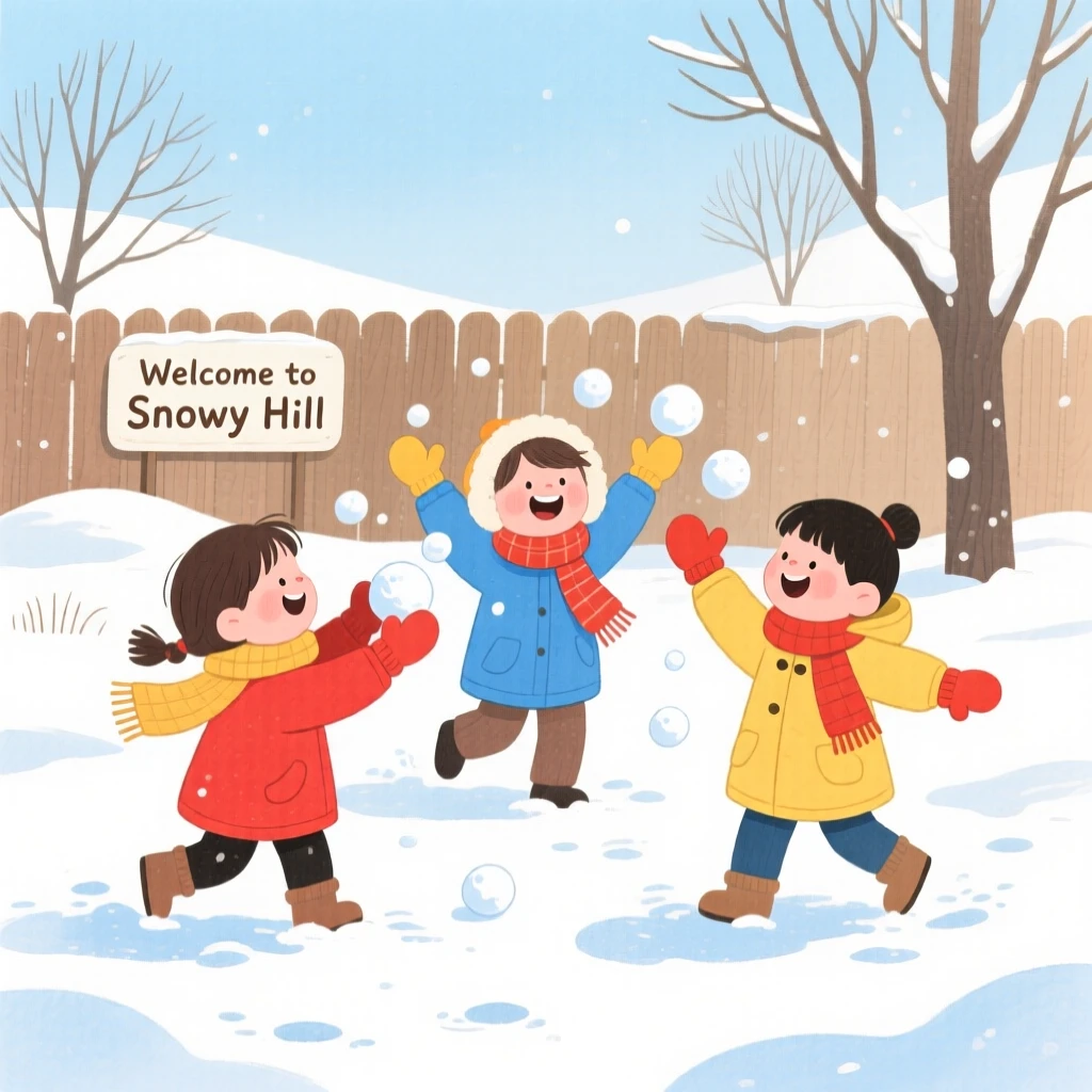 A heartwarming moment showing friends having a snowball fight in a snowy yard.
