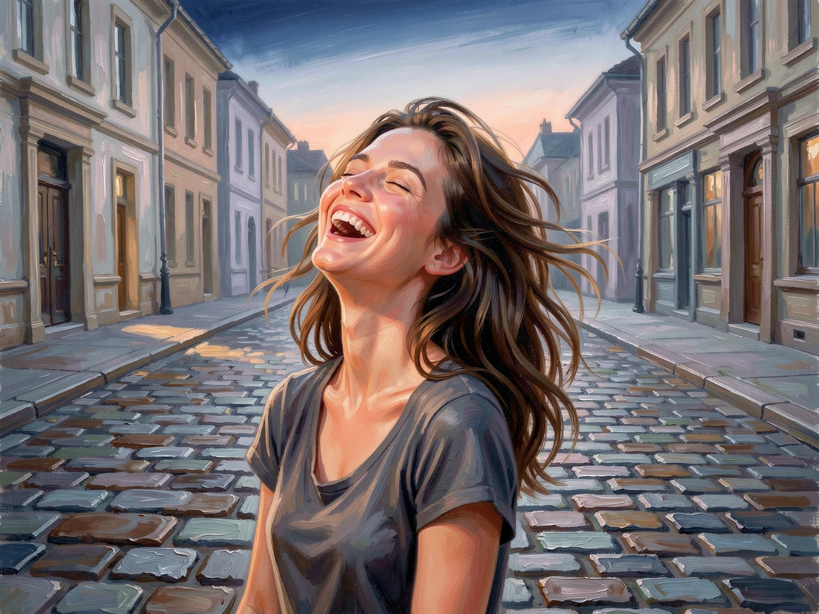 A young woman laughing joyfully with her head tilted back, on a quiet cobblestone street at dusk, a genuine, unguarded smile, on a crisp, clear morning.